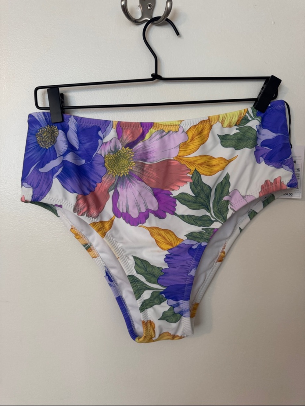 NWT Floral High-Waist Bikini Bottoms — Purple, Pink, Yellow, Green on White